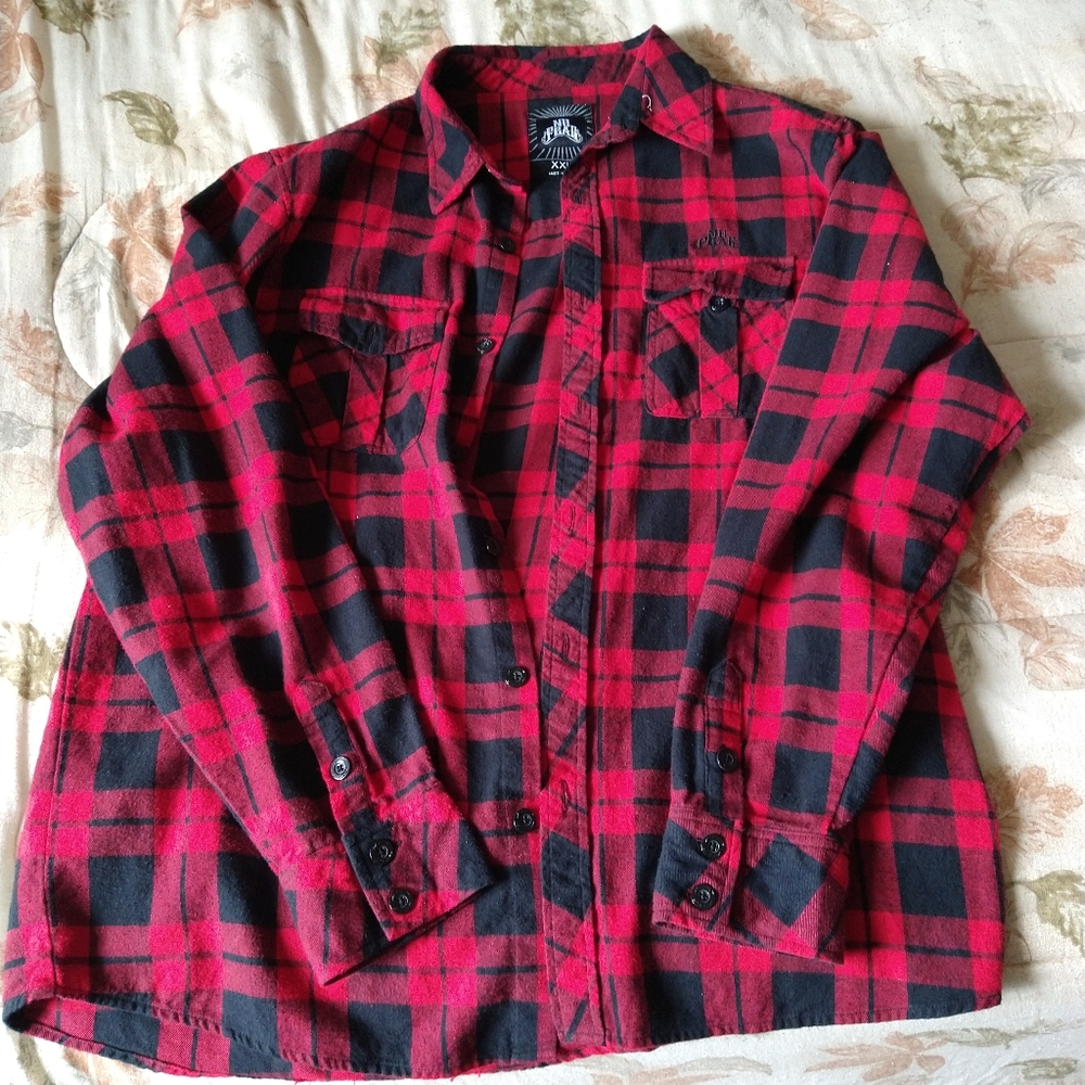 Red Black Plaid Long Sleeve Button Up